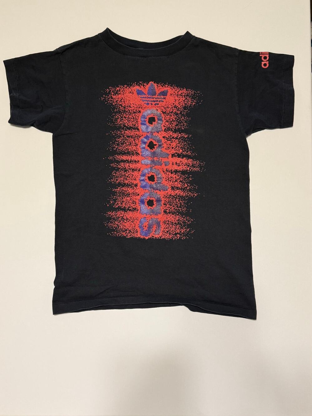 Vintage 90s Adidas Trefoil Splatter Graphic Tee Black Made in USA Fits XS S